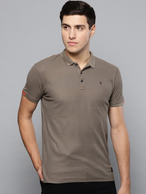 

Louis Philippe Jeans Men Taupe Self-Striped Polo Collar T-shirt