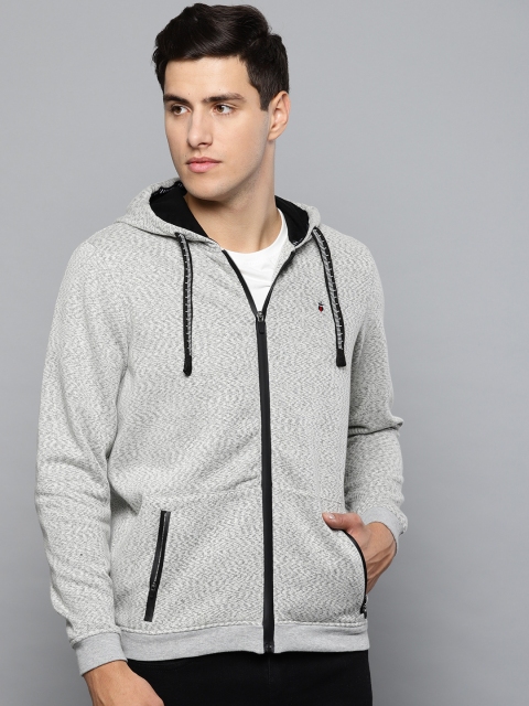 

Louis Philippe Jeans Men Grey Melange Self Design Hooded Sweatshirt