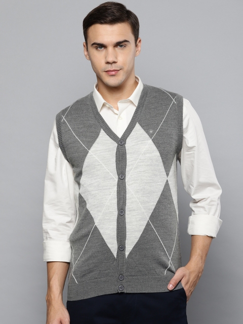 

Louis Philippe Men Grey & Off-White Colourblocked Cardigan
