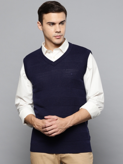 

Louis Philippe Men Navy Blue Self-Striped Sweater Vest