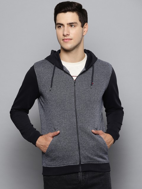 

Louis Philippe Sport Men Navy Blue & Off-White Self-Design Hooded Sweatshirt