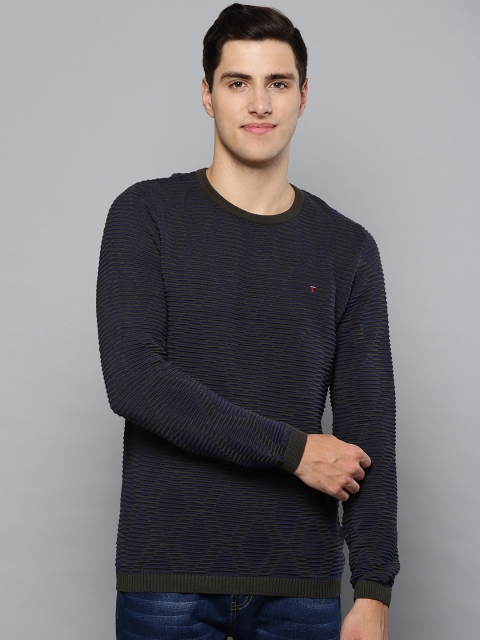 

Louis Philippe Jeans Men Navy Blue & OLive Green Self Design Sweater