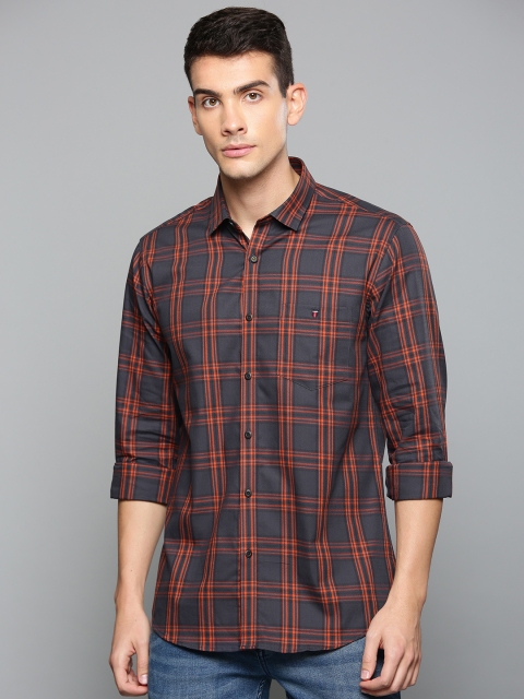 

Louis Philippe Jeans Men Charcoal Grey & Orange Slim Fit Checked Casual Shirt