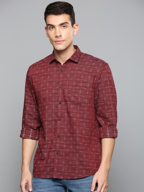 

Louis Philippe Jeans Men Maroon & Off-White Slim Fit Self Design Casual Shirt