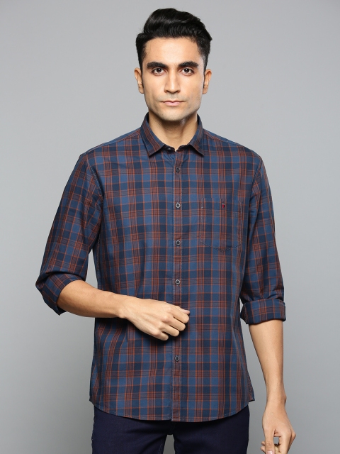 

Louis Philippe Jeans Men Navy Blue & Orange Slim Fit Twill Checked Casual Shirt