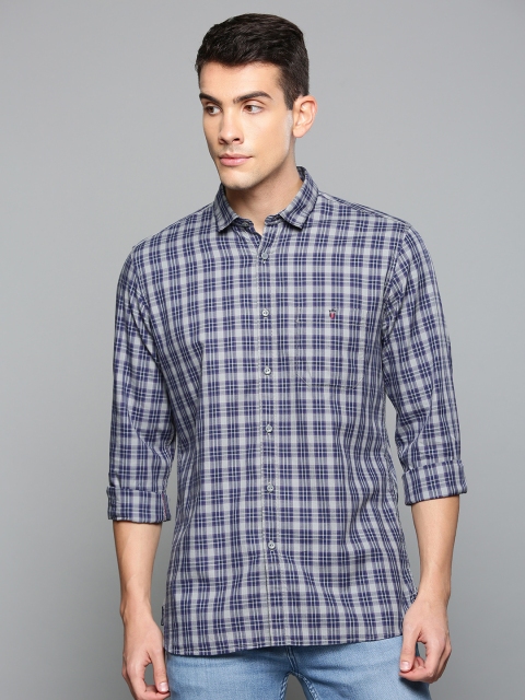 

Louis Philippe Jeans Men Grey & Navy Blue Slim Fit Checked Casual Shirt