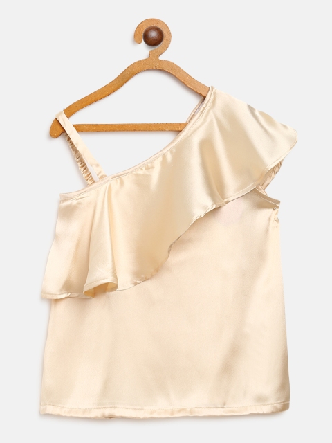 

612 league Girls Cream-Coloured Solid Layered Top with Satin Finish