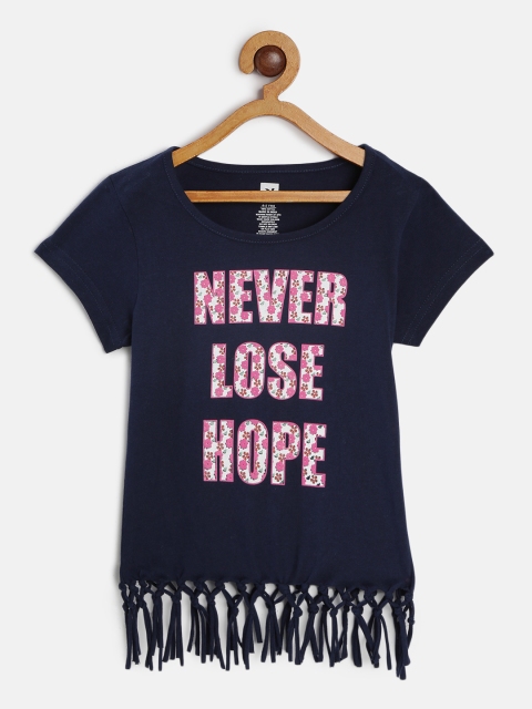 

612 league Girls Navy Blue Printed Fringed Top