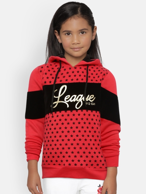 

612 league Girls Coral Red & Black Printed Hooded Sweatshirt