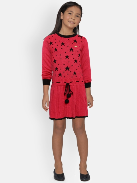 

612 league Girls Magenta & Black Self Design Sweater Dress
