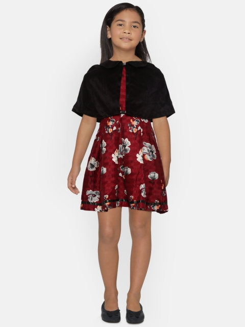 

612 league Girls Burgundy & Grey Floral Print Fit and Flare Dress with Belt & Cape Shrug