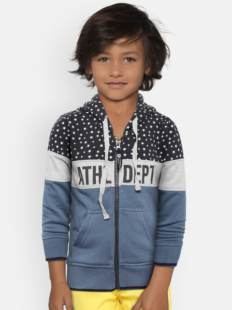 

612 league Boys Navy Blue & Grey Printed Hooded Sweatshirt