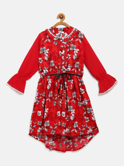 

612 league Girls Red & White Floral Print A-Line Dress with Belt