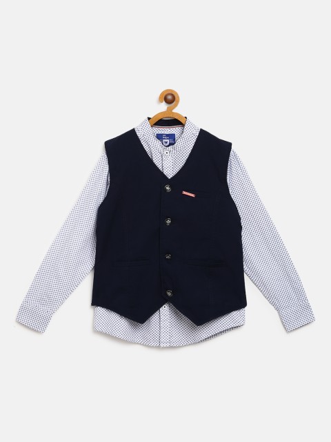

612 league Boys White & Navy Blue Regular Fit Printed Casual Shirt with Waistcoat