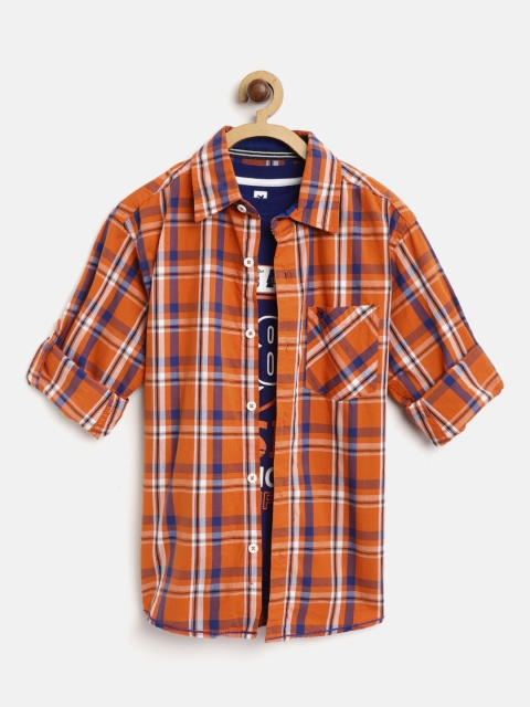 

612 league Boys Orange & Navy Blue Regular Fit Checked Casual Shirt with T-shirt