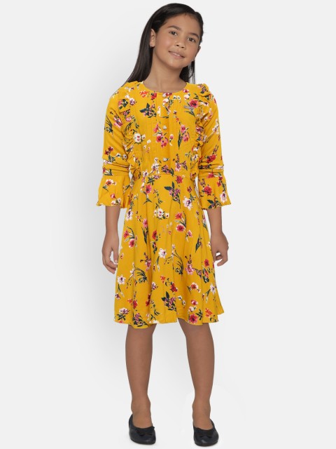 

612 league Girls Mustard Floral Printed A-Line Dress