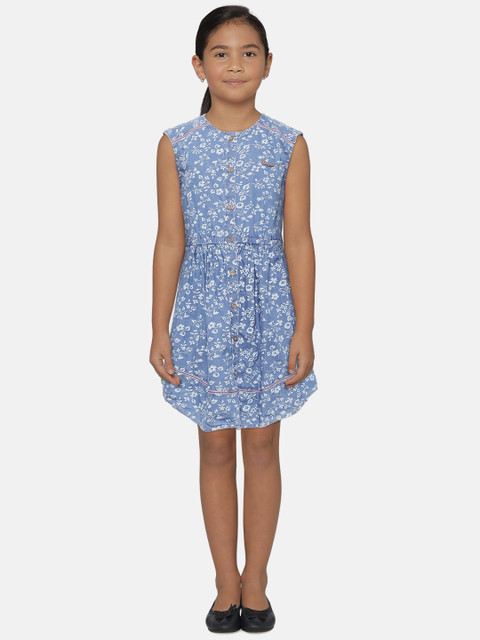 

612 league Girls Blue & White Floral Printed Fit and Flare Dress