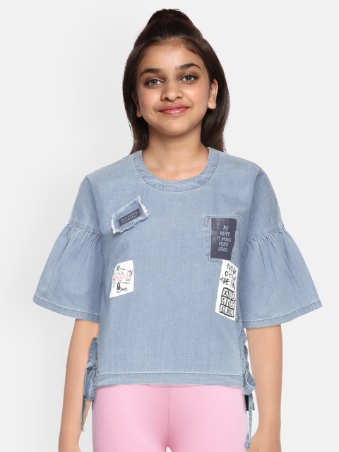 

Gini and Jony Blue & White Typography Print Bell Sleeves Chambray Top with Applique