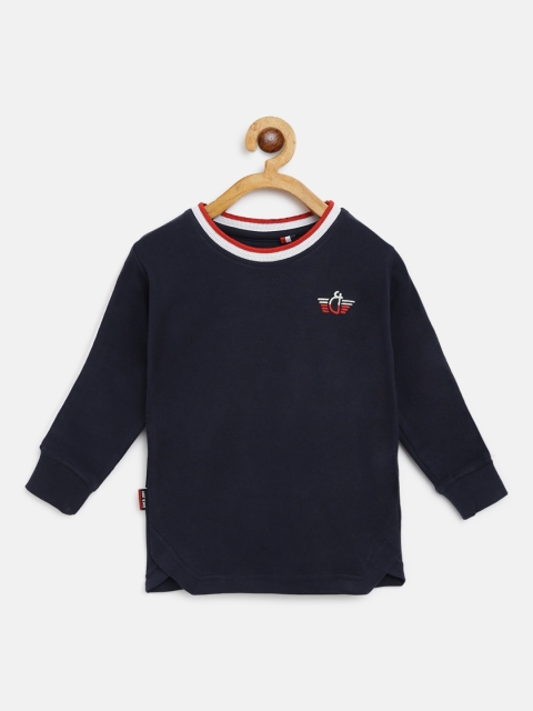 

Gini and Jony Boys Navy Blue Solid Round Neck Pure Cotton T-shirt with Side Stripe Detail