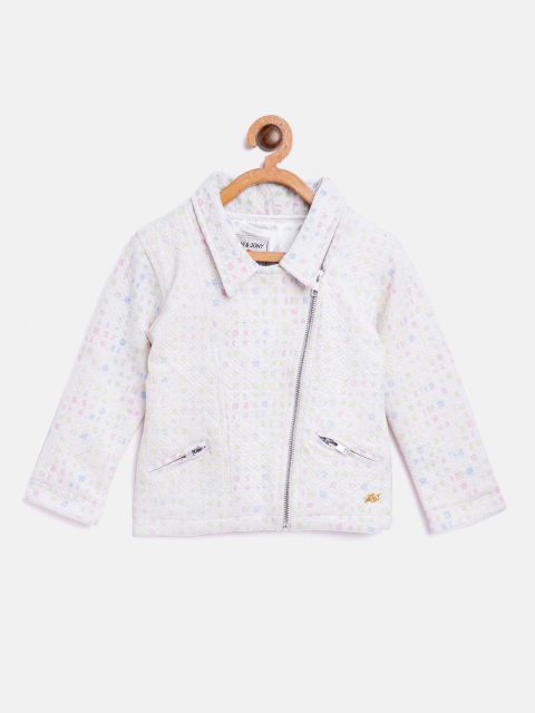 Girls White Printed Asymmetric Closure Tailored Jacket