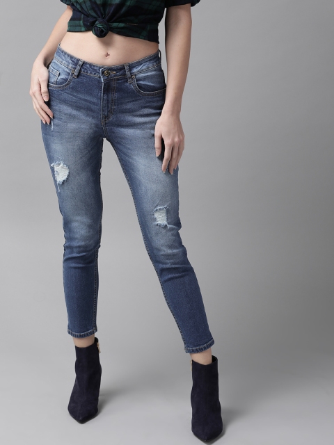 

The Roadster Lifestyle Co Women Navy Blue Skinny Fit Mid-Rise Mildly Distressed Cropped Stretchable Jeans