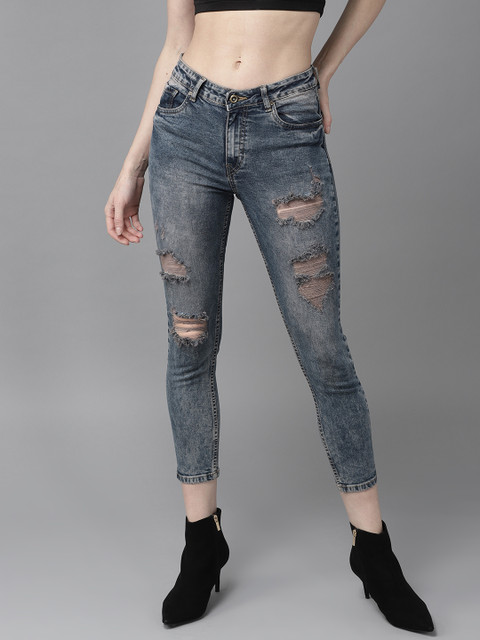 

The Roadster Lifestyle Co Women Navy Blue Skinny Fit Mid-Rise Highly Distressed Stretchable Cropped Jeans