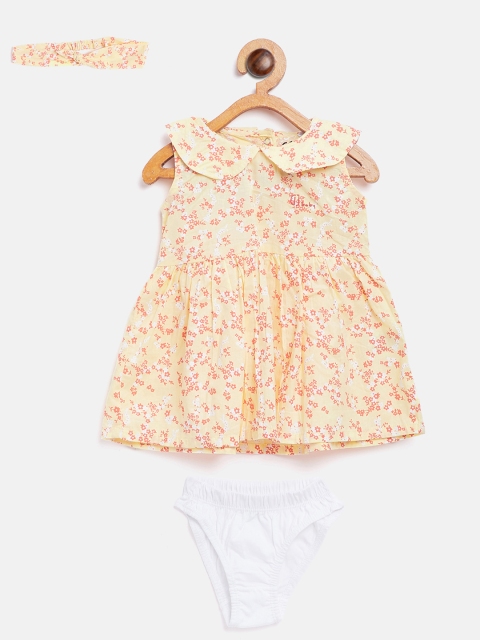 

Gini and Jony Girls Yellow & Orange Printed Fit and Flare Dress with Hairband & Briefs