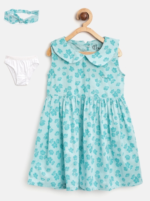 

Gini and Jony Girls Sea Green Printed A-line Dress with Hairband