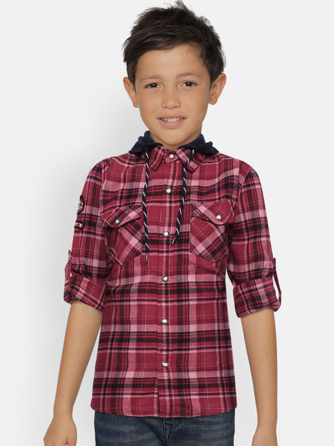 

Gini and Jony Boys Red & Navy Blue Regular Fit Checked Hooded Casual Shirt