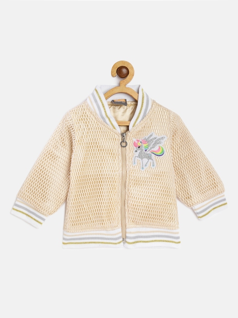 

Little Kangaroos Girls Beige Solid Bomber Jacket