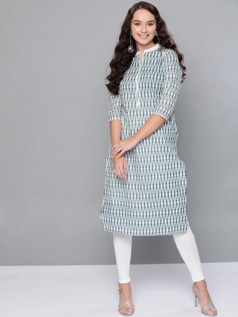 

HERE&NOW Women White & Teal Blue Printed Straight Kurta with Leggings