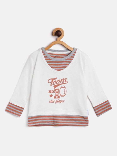 

Gini and Jony Boys White & Rust Red Printed Round Neck T-shirt