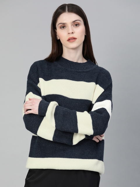 

French Connection Women Navy Blue & White Striped Pullover Sweater