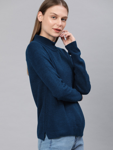 

French Connection Women Blue Ribbed Pullover Sweater