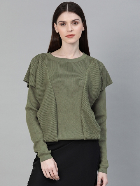 

French Connection Women Olive Green Self Design Pullover Sweater