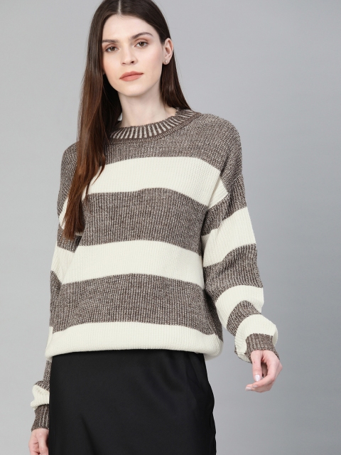 

French Connection Women White & Brown Striped Pullover Sweater