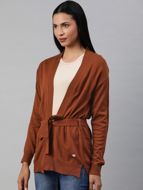 

French Connection Women Brown Solid Front-Open Sweater With Waist Tie-Up