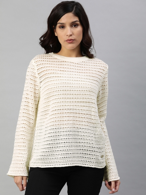 

French Connection Women Off-White Self Design Open-Knit Pullover Sweater