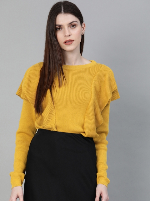 

French Connection Women Mustard Self Design Pullover Sweater