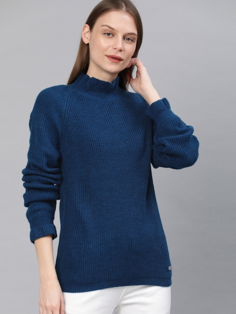 

French Connection Women Blue Ribbed Pullover Sweater