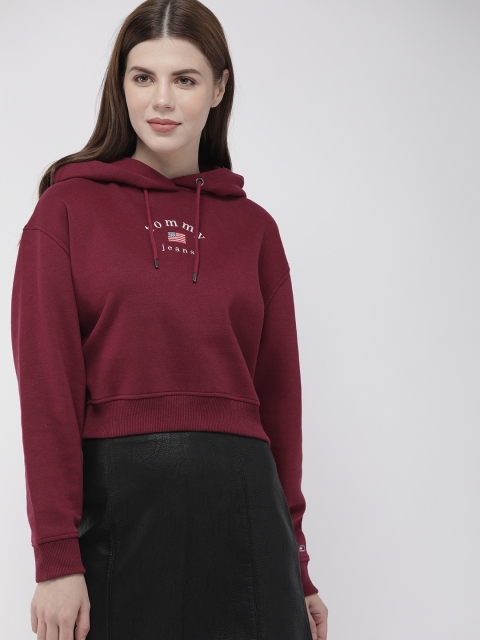 

Tommy Hilfiger Women Maroon Embroidered Hooded Cropped Sweatshirt