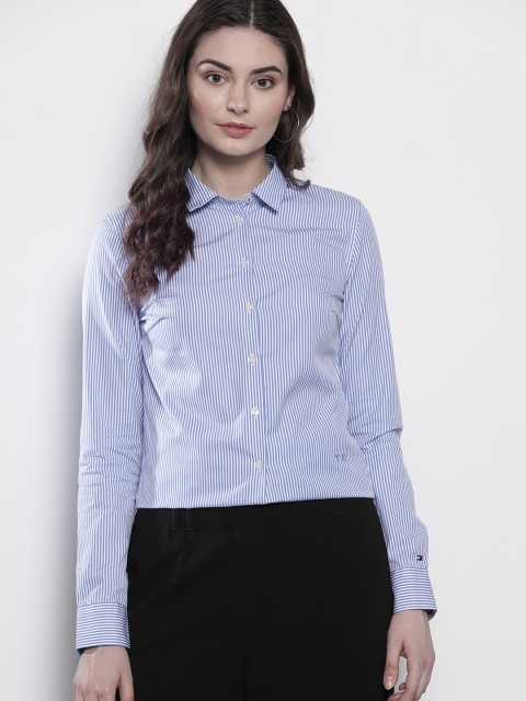 

Tommy Hilfiger Women Blue & White Fitted Striped Formal Shirt