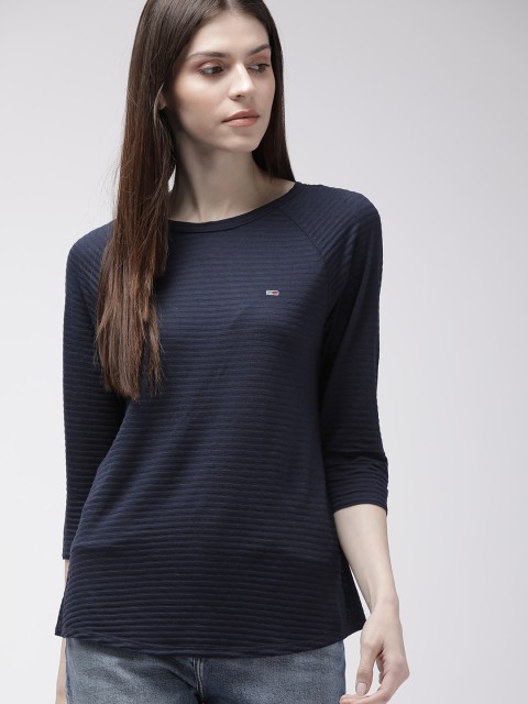 

Tommy Hilfiger Women Navy Blue Self Design Round Neck T-shirt