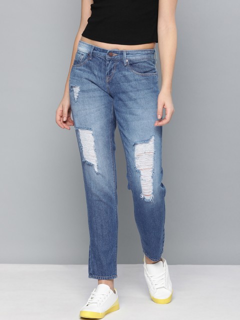 

HERE&NOW Women Blue Boyfriend Fit Mid-Rise Highly Distressed Jeans