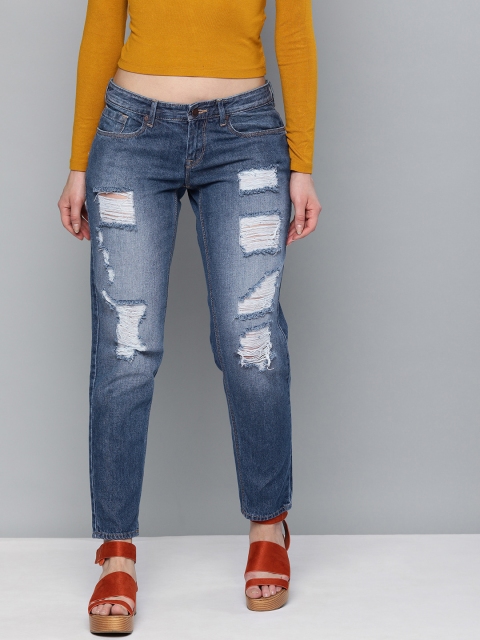 

HERE&NOW Women Blue Boyfriend Fit Mid-Rise Highly Distressed Jeans