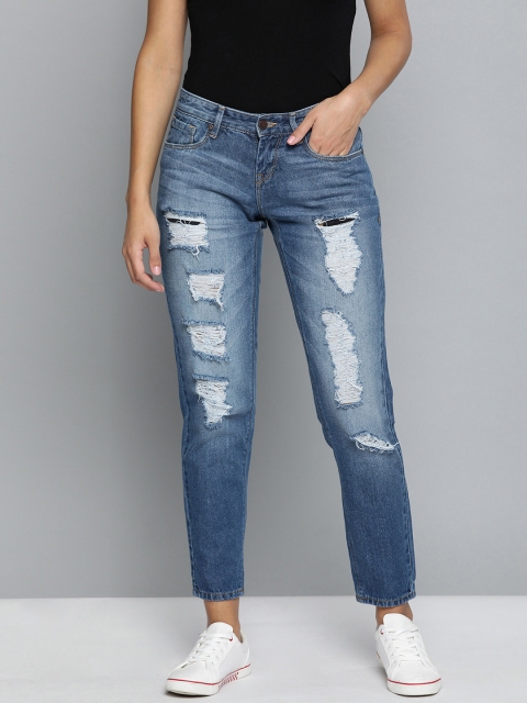 

HERE&NOW Women Blue Boyfriend Fit Highly Distressed Jeans