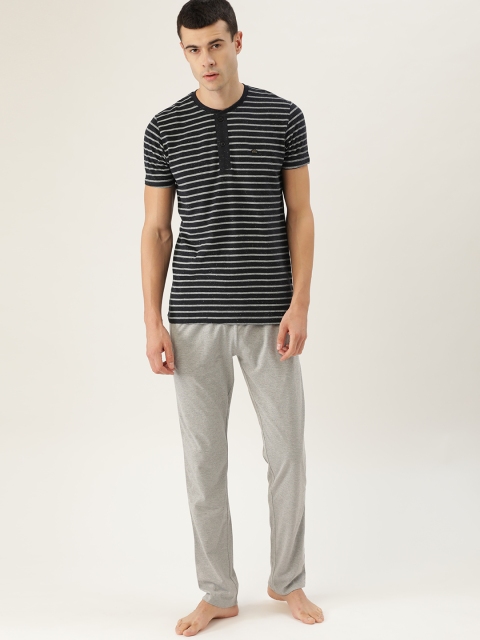 

Sweet Dreams Men Navy Blue & Grey Melange Striped Night Suit
