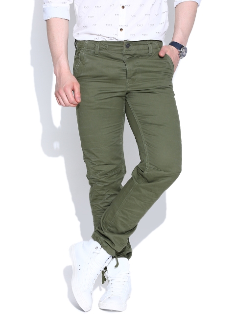 

Jack & Jones Men Olive Green Regular Trousers