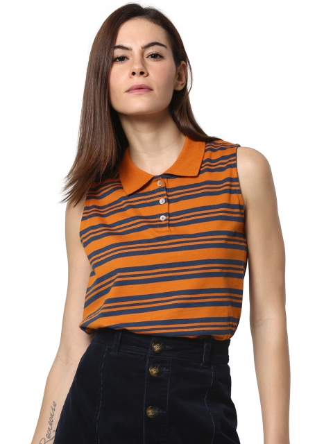 

ONLY Women Orange Striped Polo Collar T-shirt