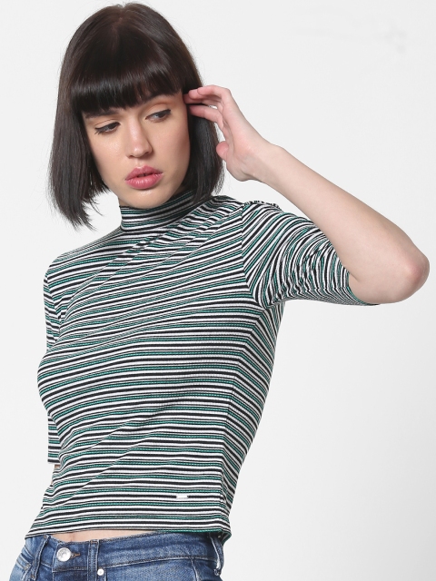 

ONLY Women White,Black And Green Striped Round Neck T-shirt